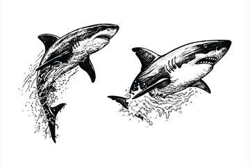 Sharks are illustrated jumping out of the water isolated on white background