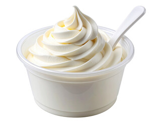 Minimalist Transparent Bowl with Swirled Vanilla Soft Serve and Plastic Spoon, isolated on transparent background