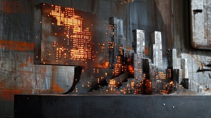 Metal cityscape sculpture with illuminated details.