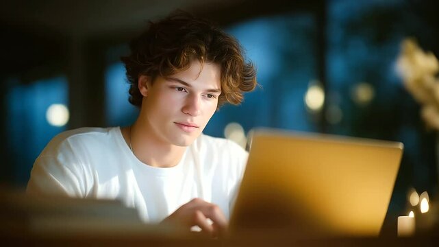 Online collaboration of a focused young man working at home