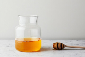 Honey in a glass jar with a wooden dipper on a marble surface