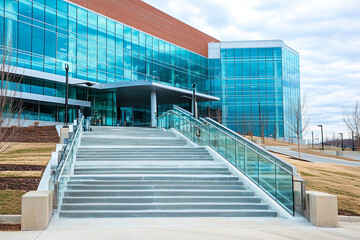 Obraz premium Modern staircase with glass railing reflecting vibrant architecture