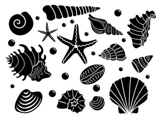 Vector Set of Black Sea Shells and Starfish - Nautical Silhouette Elements