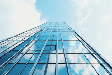 Glass skyscraper reflects chaotic clouds in urban setting