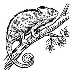 Obraz premium Black and white illustration of a chameleon on a branch reptile lizard