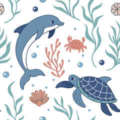 Fototapeta premium Blue dolphin and turtle swim with coral and seaweed crab