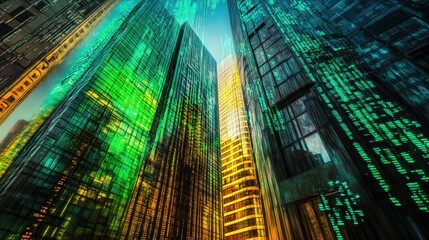Modern city skyscrapers with digital code displayed on their glass facades.