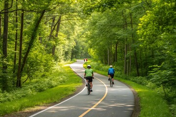 Two cyclists ride along a paved path through a lush green forest on a sunny day