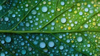Close-up of a vibrant green leaf covered in water droplets
