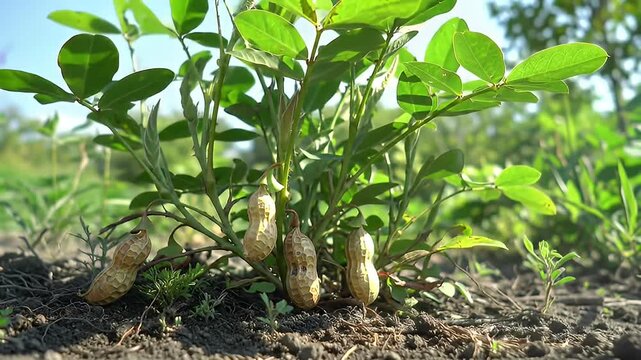 Peanut plant with pods at base, leafy branches, on dark soil outdoors