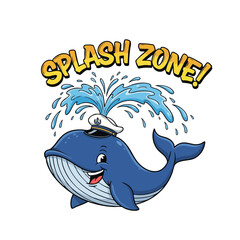 Cartoon Style Detailed Whale with Captain Hat Water Splash Illustration