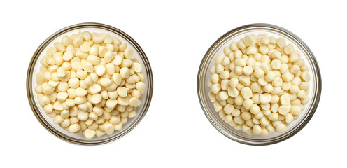Bowl of yellow corn kernels Top view isolated on white or transparent background PNG