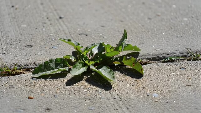 Weed grows between concrete slabs, leaves outspread in sunlight
