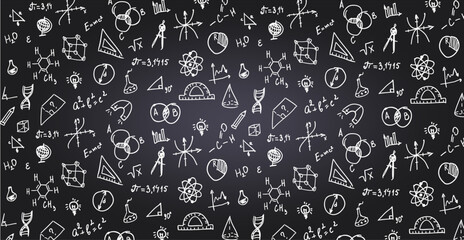 Scribbles doodles school big pattern on the black chalk board