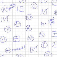 School student pattern checkered notebook sheet with blue pen grades
