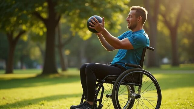 Male athlete in a wheelchair training with a medicine ball outdoors.

