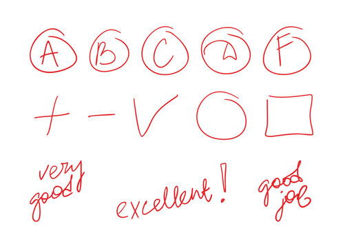 School handwritten grades in teachers red pen