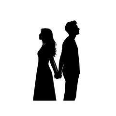 Couple Standing Back to Back Holding Hands Silhouettes of Man and Woman