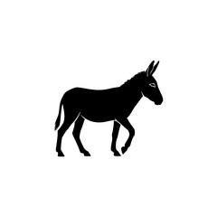 Black Donkey Silhouette Walking Forward Calmly on a White Background