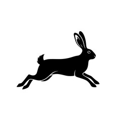 A striking black silhouette of a fast-running hare in mid-stride