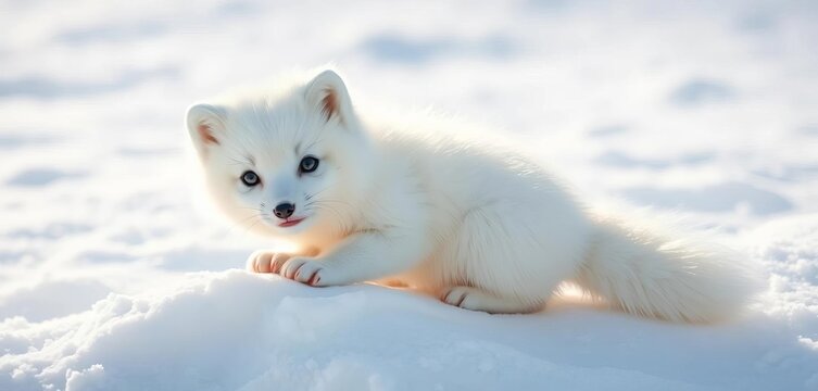 Fluffy white arctic fox kit playfully perched on snowy ground, bright eyes ,  snowy ground,  majestic
