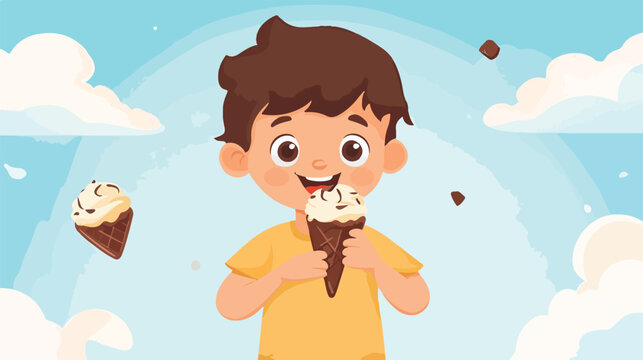 Joyful Boy Eating Delicious Chocolate Ice Cream Cartoon Flat Vector Illustration