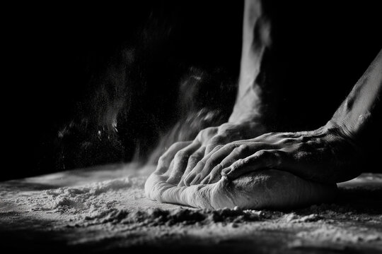 Elaboraci&oacute;n artesanal pizza - Manos amasando con harina - Blanco y negro 