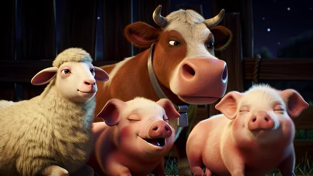 Cartoon farm animals in a stable under a starry sky, stylized and digitally rendered