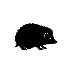 Black Silhouette of a Small Hedgehog Standing on a White Background
