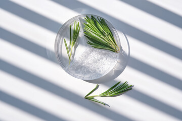 The texture of whey and rosemary in a petri dish on a background with streaks of shadows.