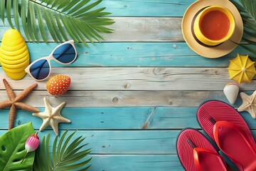 A vibrant summer vacation flat lay featuring beach essentials like sunglasses flip flops starfish palm leaves and a refreshing drink on a rustic blue wooden background