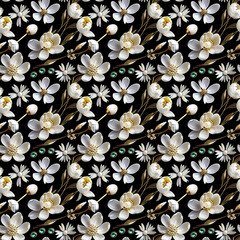 Seamless pattern of luxury jewelry floral ornaments, gold settings, bright gems, concept for fashion or designer backgrounds