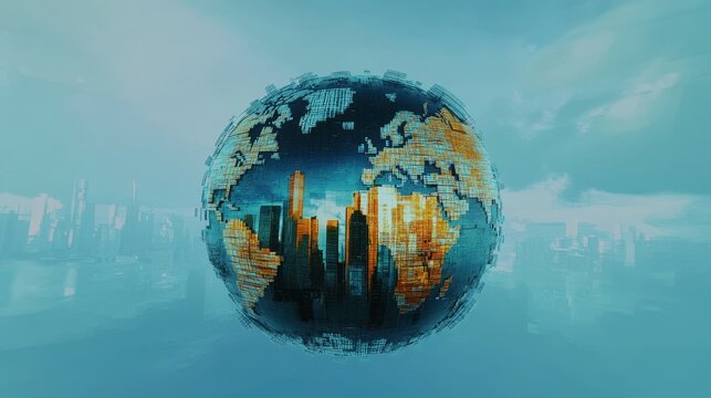A digitally rendered globe with city skyline reflection. - Powered by Adobe