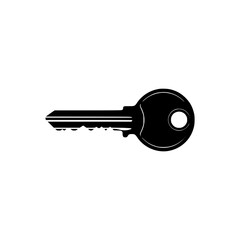 A Simple Black Silhouette of a Metal Key on a White Background