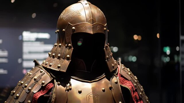 Antique bronze armor suit with etched designs and red cloth trim on dark background