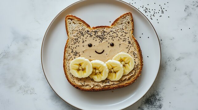 Whole grain toast with peanut butter, banana slices, and chia seeds