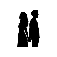 Couple standing back to back holding hands silhouette isolated on white background