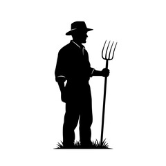 Silhouette Farmer Holding Pitchfork Standing in Grassy Field