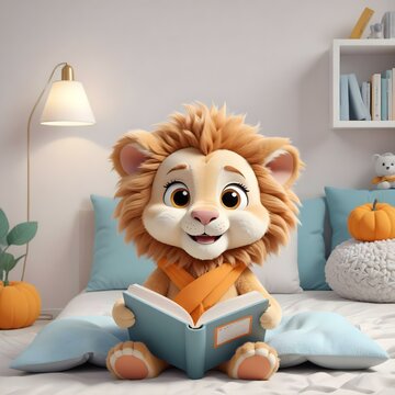An cute cartoon lion with large eyes and smiling, reading a book, against a bright white background in 3d catoon style