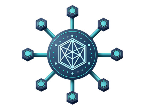 Hexagon-shaped dao emblem with symmetrical arms and blockchain cubes, decentralized collaboration and governance icon, transparent vector design