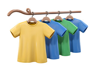 Colorful T-shirts on hangers: A row of vibrant t-shirts on wooden hangers showcase a spectrum of bright colors, offering a glimpse into the world of modern fashion and attire.