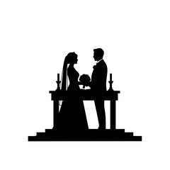 Wedding Ceremony Silhouette of Couple at Altar with Candles and Flower Bouquet