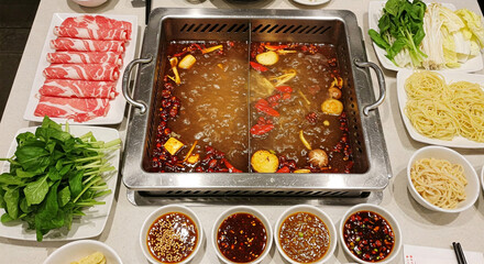 A mala hotpot with various food and ingredient.