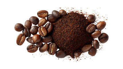 Instant coffee powder with roasted coffee beans isolated on a white background