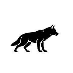A striking silhouette of a wolf standing alert on a white background
