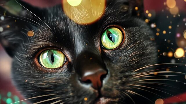 Close up of a black cat with sparkling green eyes and festive bokeh lights for holiday greeting video.
