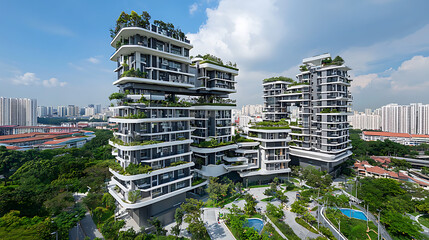 A cityscape with two tall buildings and a park in between