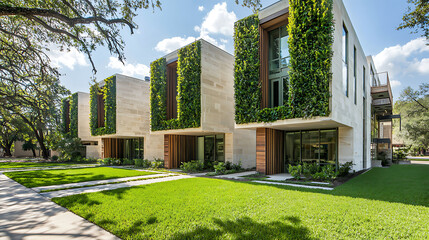 A row of three buildings with green ivy growing on the side