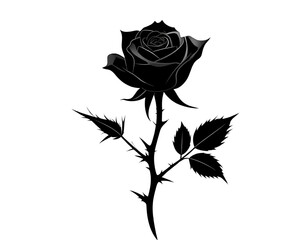 Stylized Black Rose Silhouette with Thorny Stem, isolated on transparent background