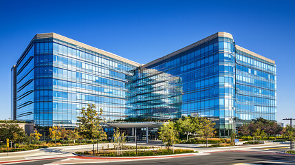 A large glass building with a green tree in front of it
